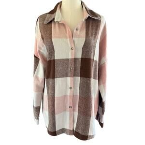 Pink Brown Plaid ButtonUp Shacket Womens Flannel Size XL Fall Autumn Casual